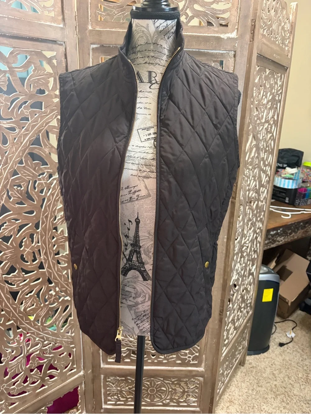 Lands' End Black Quilted Vest with Pink Plaid Lining